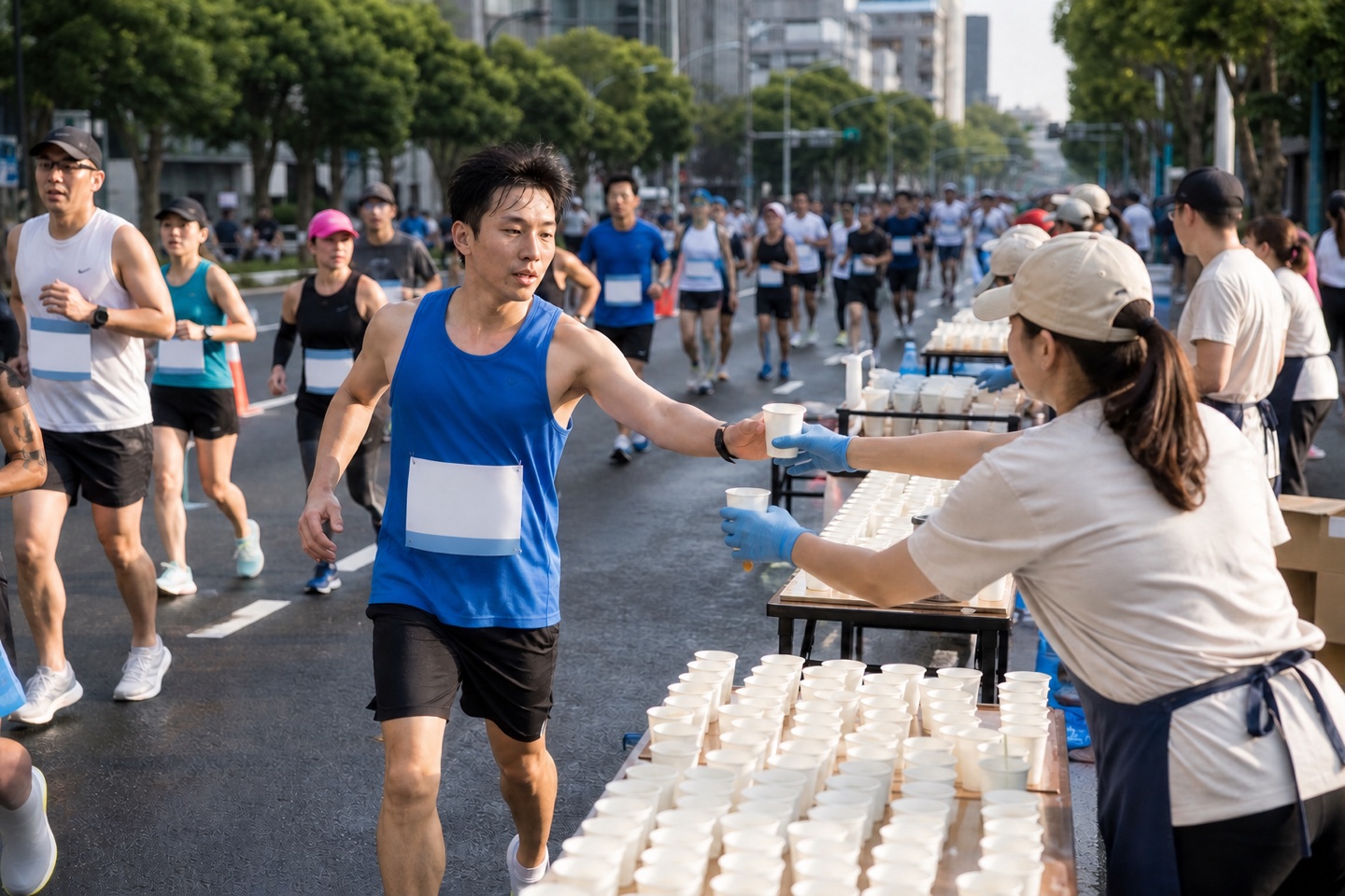 國際馬拉松 aid station 裡的志工遞水給台灣跑者