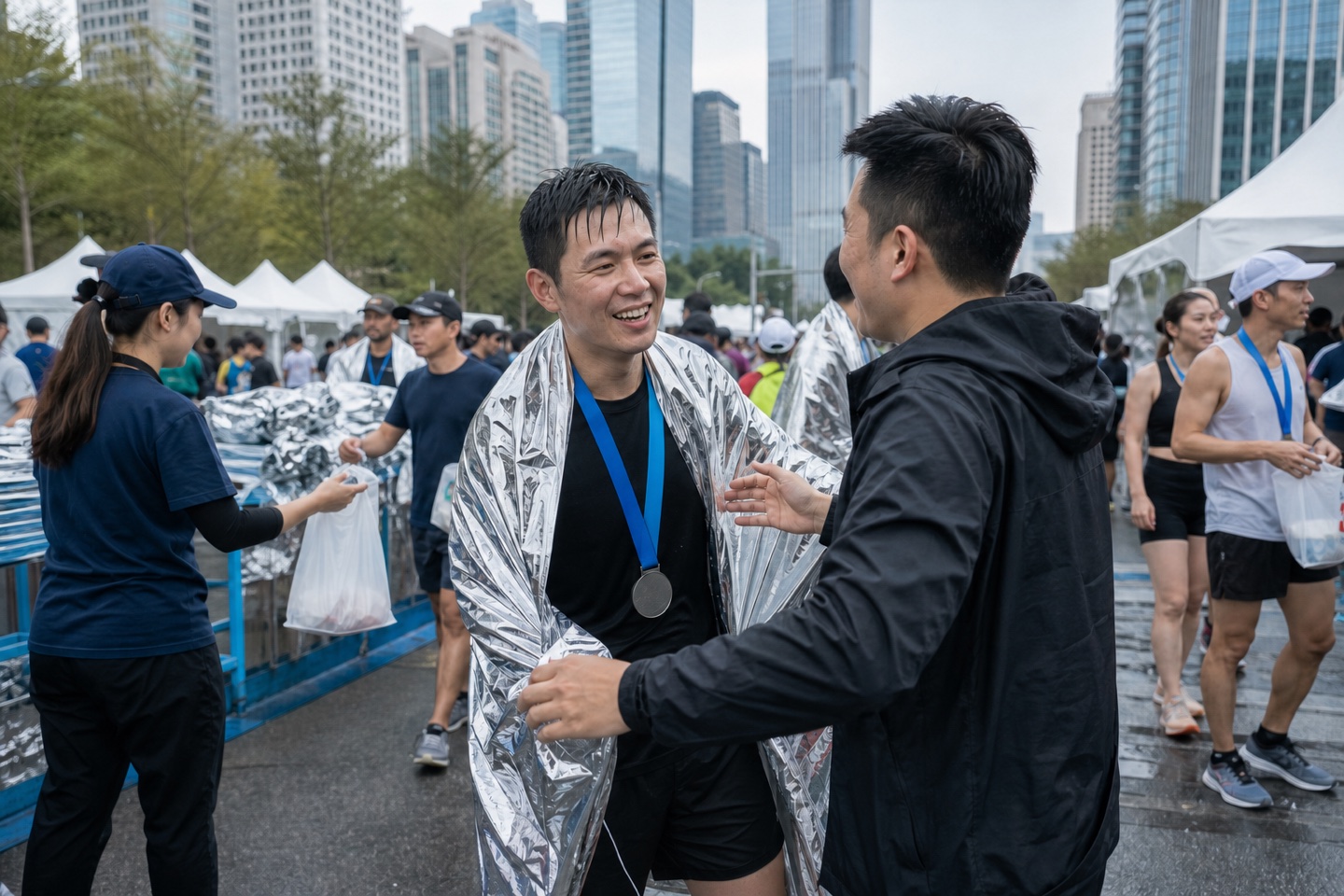 國際馬拉松完賽跑者披著 foil blanket 戴著 finisher medal 與朋友會合