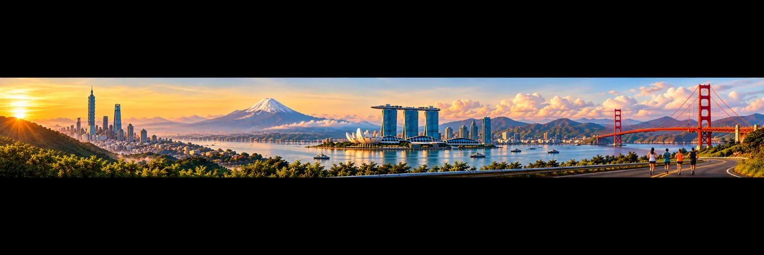 Runners beneath a panorama of Taipei, Mount Fuji, Singapore and the Golden Gate Bridge
