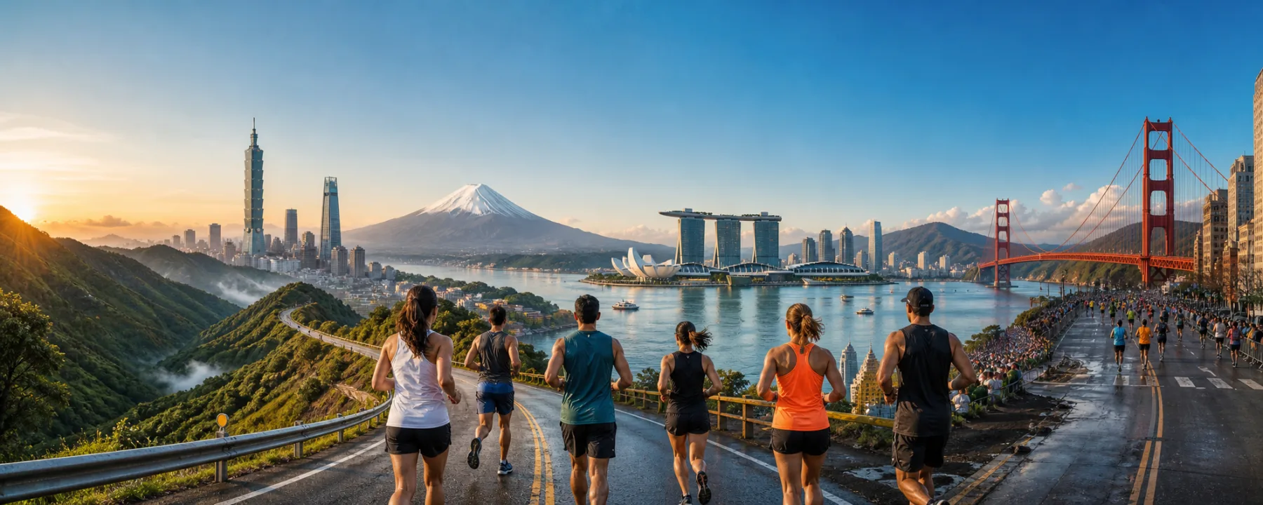 Runners on a route connecting international race destinations